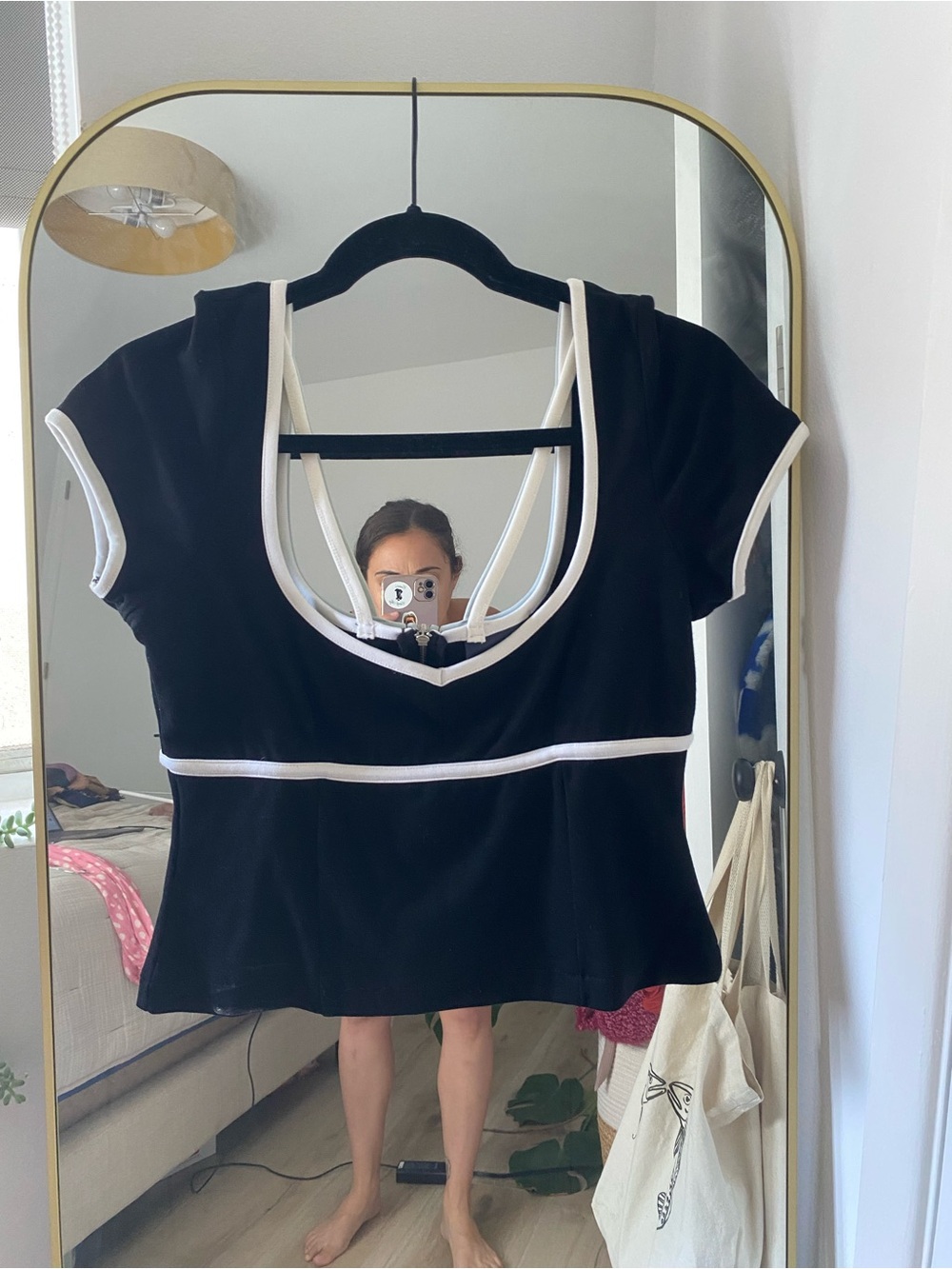 Anthropologie Black Crop Top with White Trim and Strappy Back